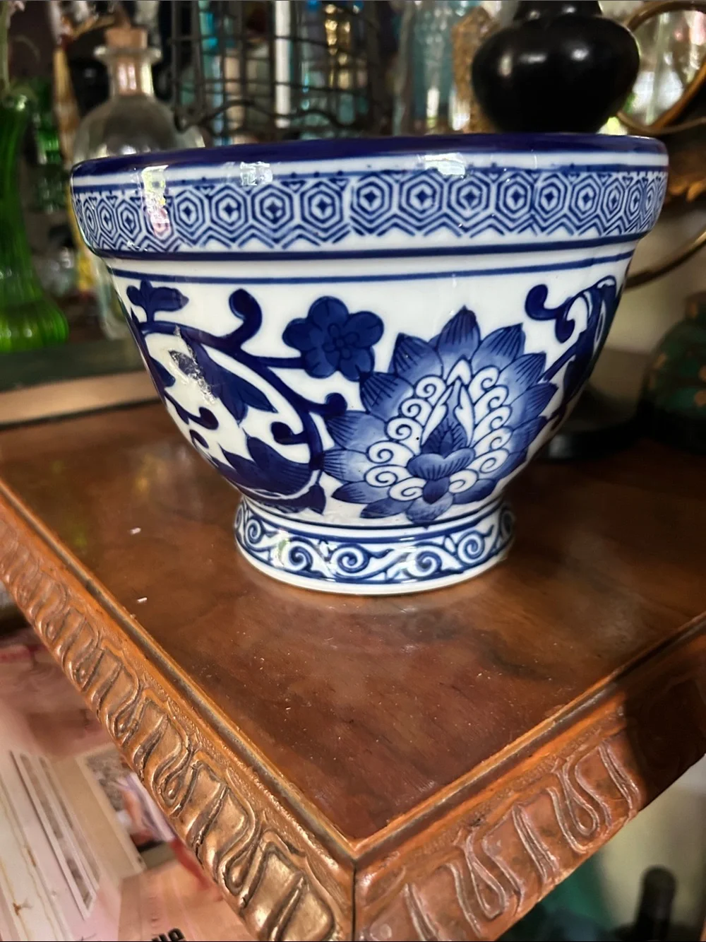 Vintage Blue and White Chinoiserie Floral Porcelain Planter Pot - Picture 3 of 7